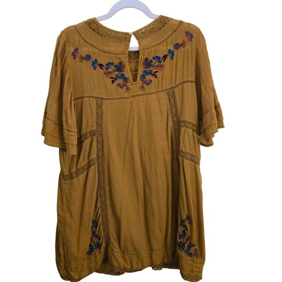 Free People Victorian Mini Dress Mustard Embroidered A Line Bohemian Size L - Picture 3 of 12
